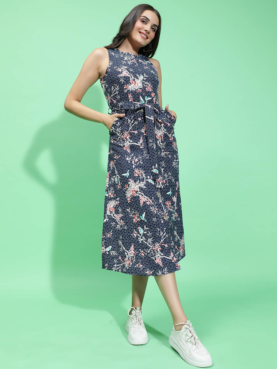 Oxolloxo Women Cotton Printed A-line Dress ( Navy ) Oxolloxo Women Cotton Printed A-line Dress ( Navy )