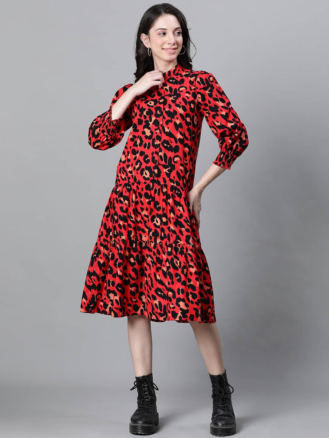 Oxolloxo Women Cotton Printed A-line Dress ( Red ) Oxolloxo Women Cotton Printed A-line Dress ( Red )