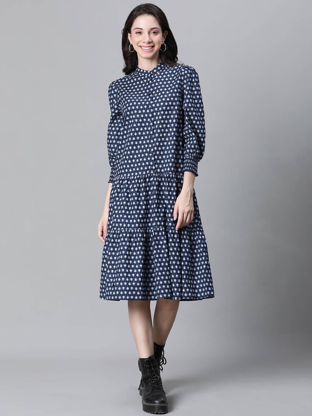     			Oxolloxo Women Cotton Printed A-line Dress ( Navy Blue )