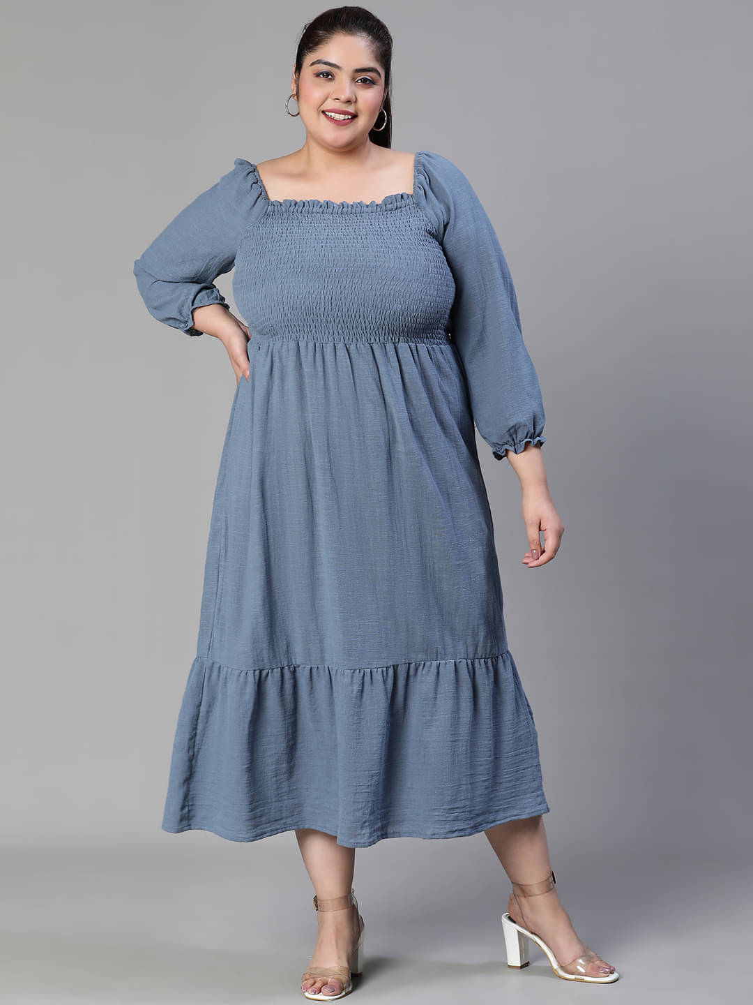     			Oxolloxo Women Cotton Solid Empire Dress ( Grey )