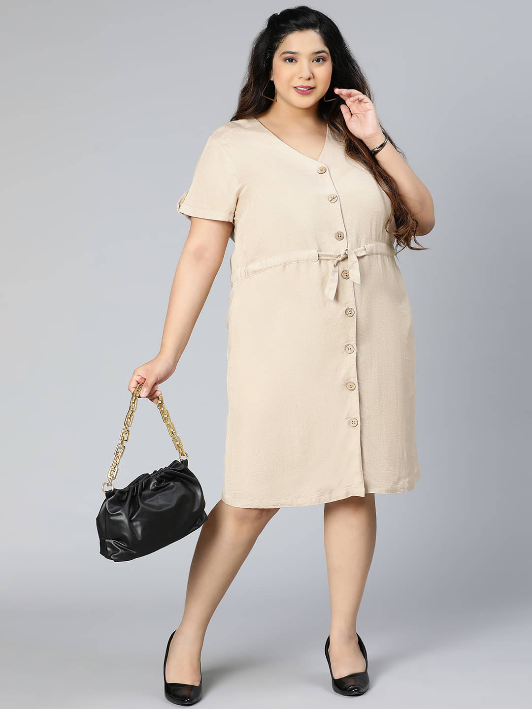     			Oxolloxo Women Cotton Solid A-line Dress ( Beige )