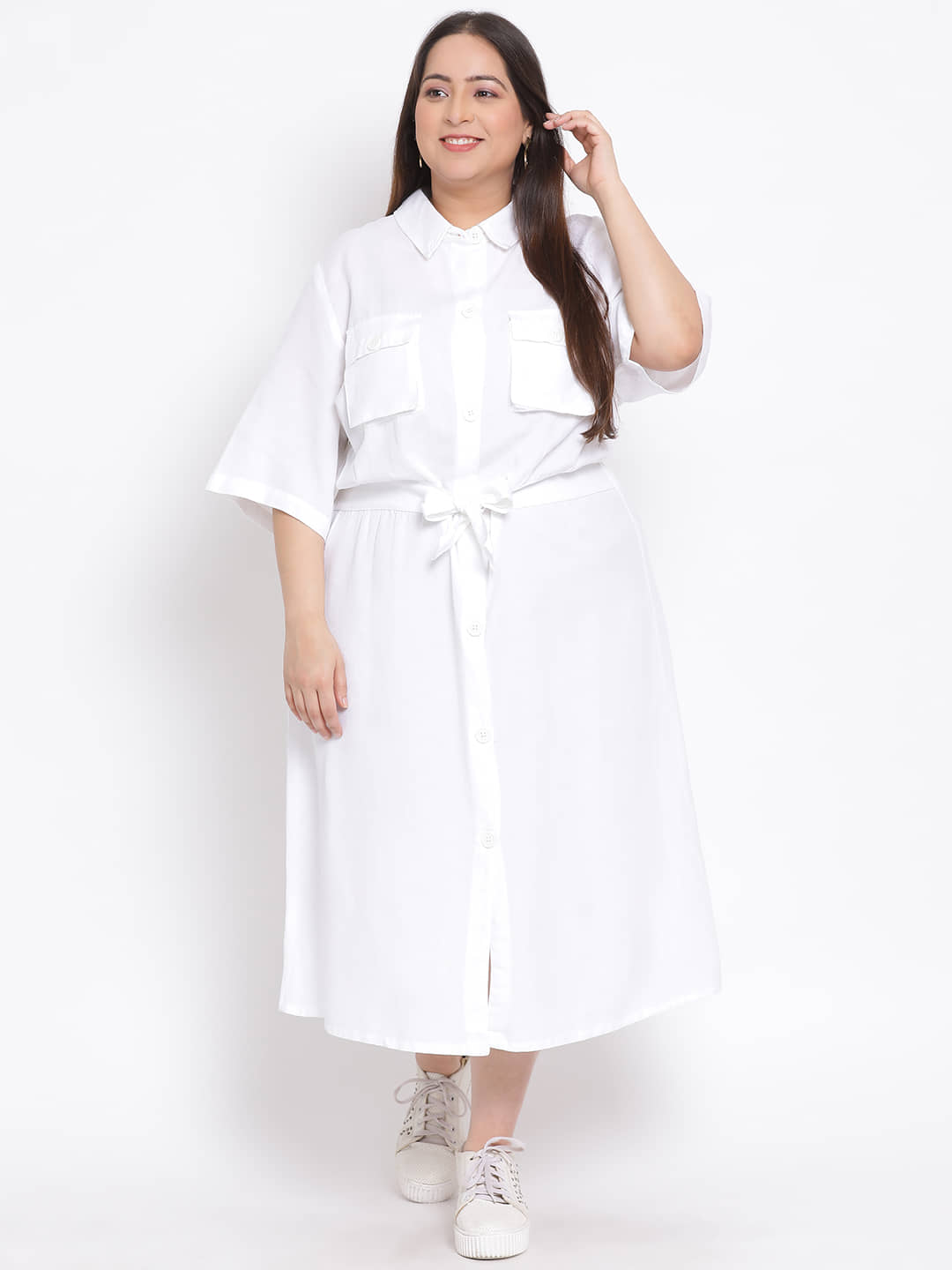 Oxolloxo Women Cotton Solid A-line Dress ( White )