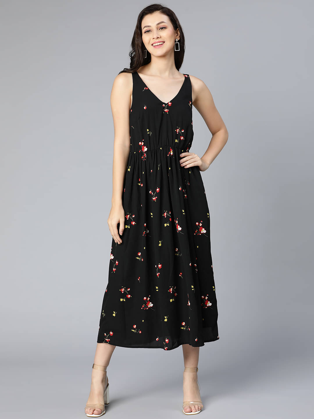     			Oxolloxo Women Polyester Printed A-line Dress ( Black )