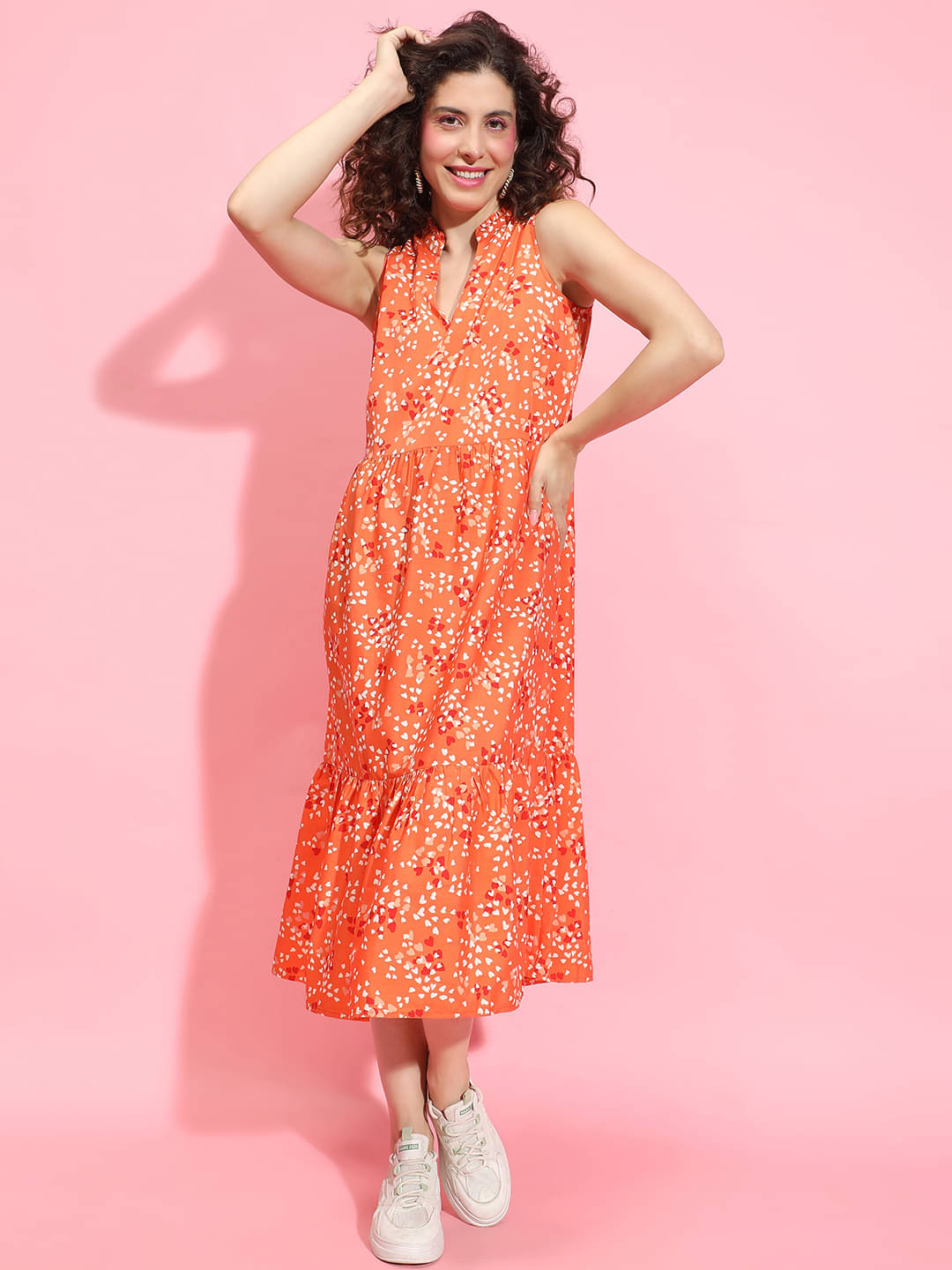     			Oxolloxo Women Polyester Printed A-line Dress ( Orange )