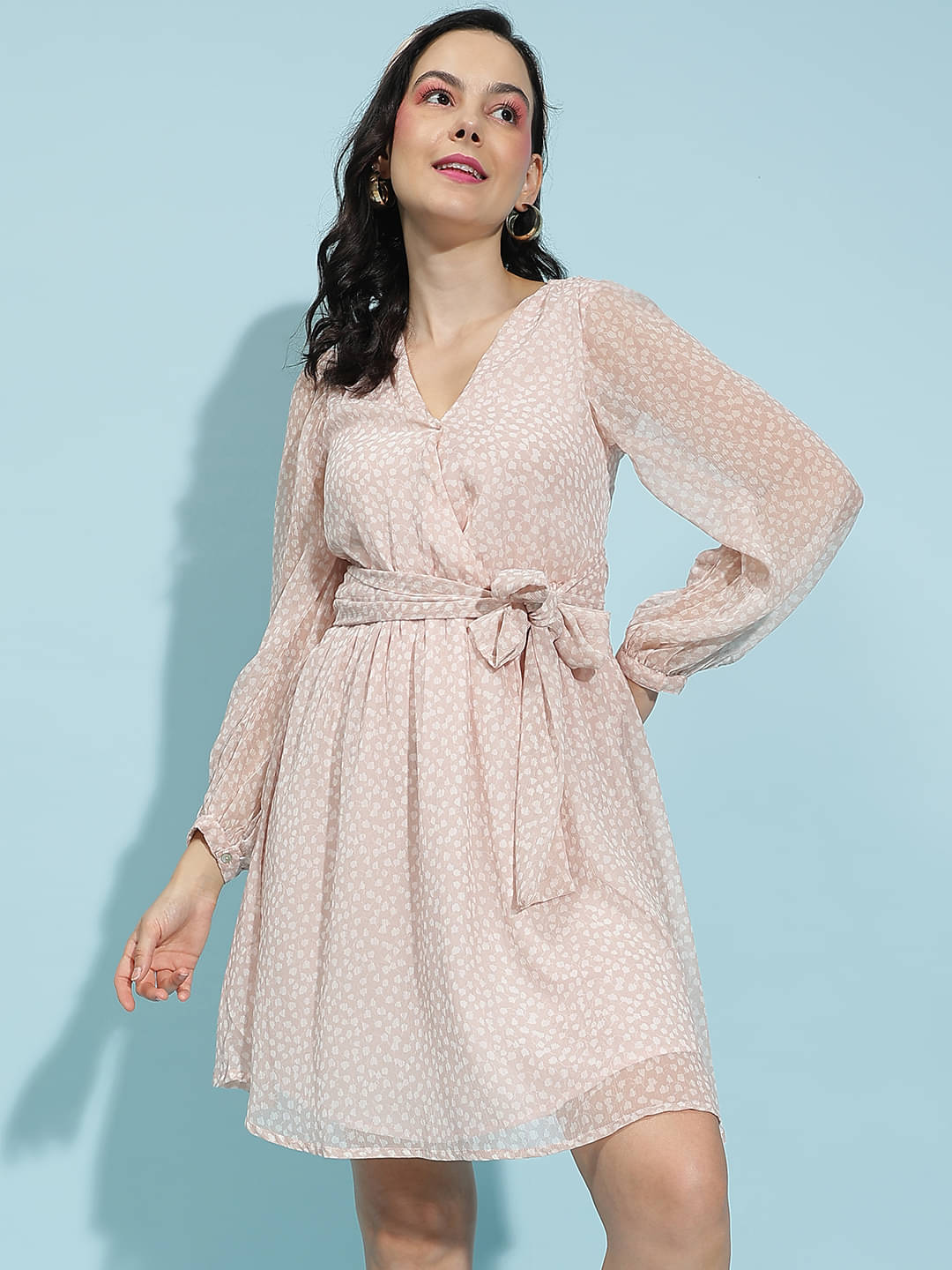 Oxolloxo Women Polyester Printed A-line Dress ( Peach ) Oxolloxo Women Polyester Printed A-line Dress ( Peach )