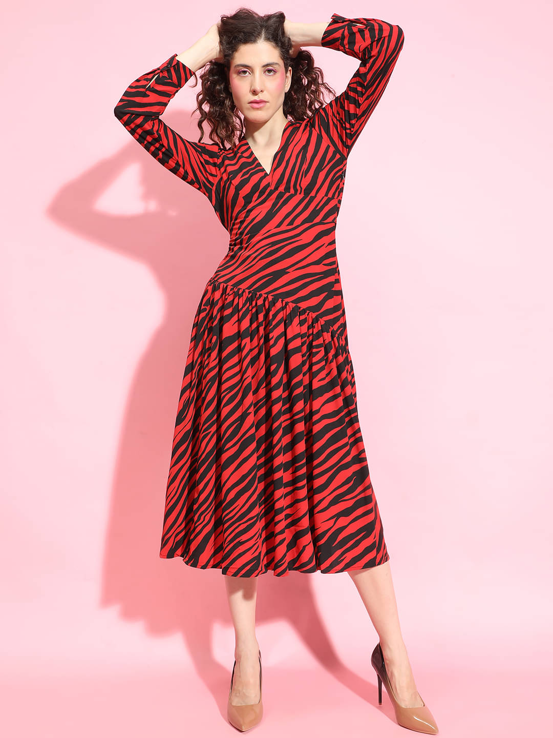    			Oxolloxo Women Polyester Printed A-line Dress ( Red )