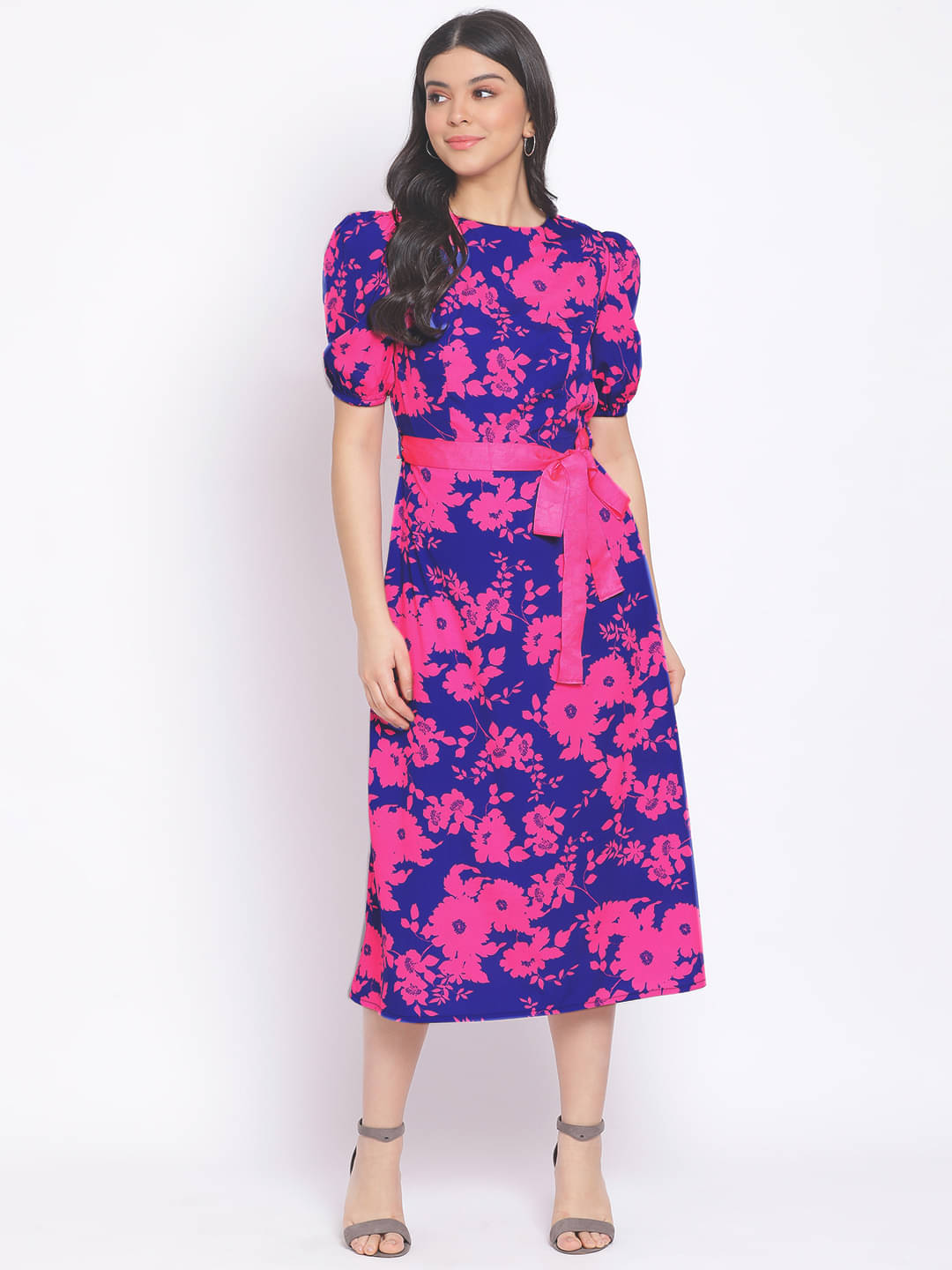     			Oxolloxo Women Polyester Printed A-line Dress ( Navy )