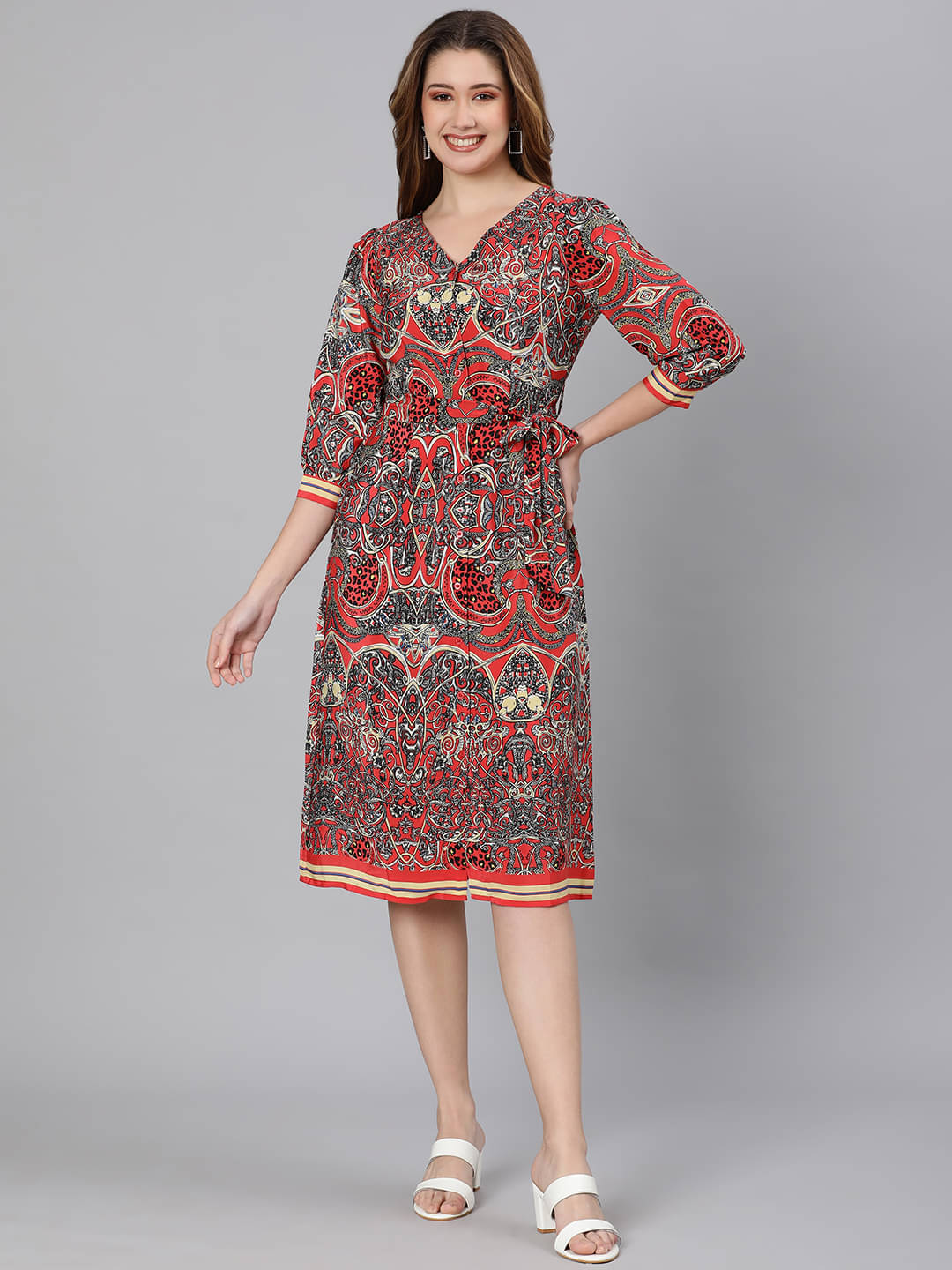     			Oxolloxo Women Polyester Printed A-line Dress ( Red )