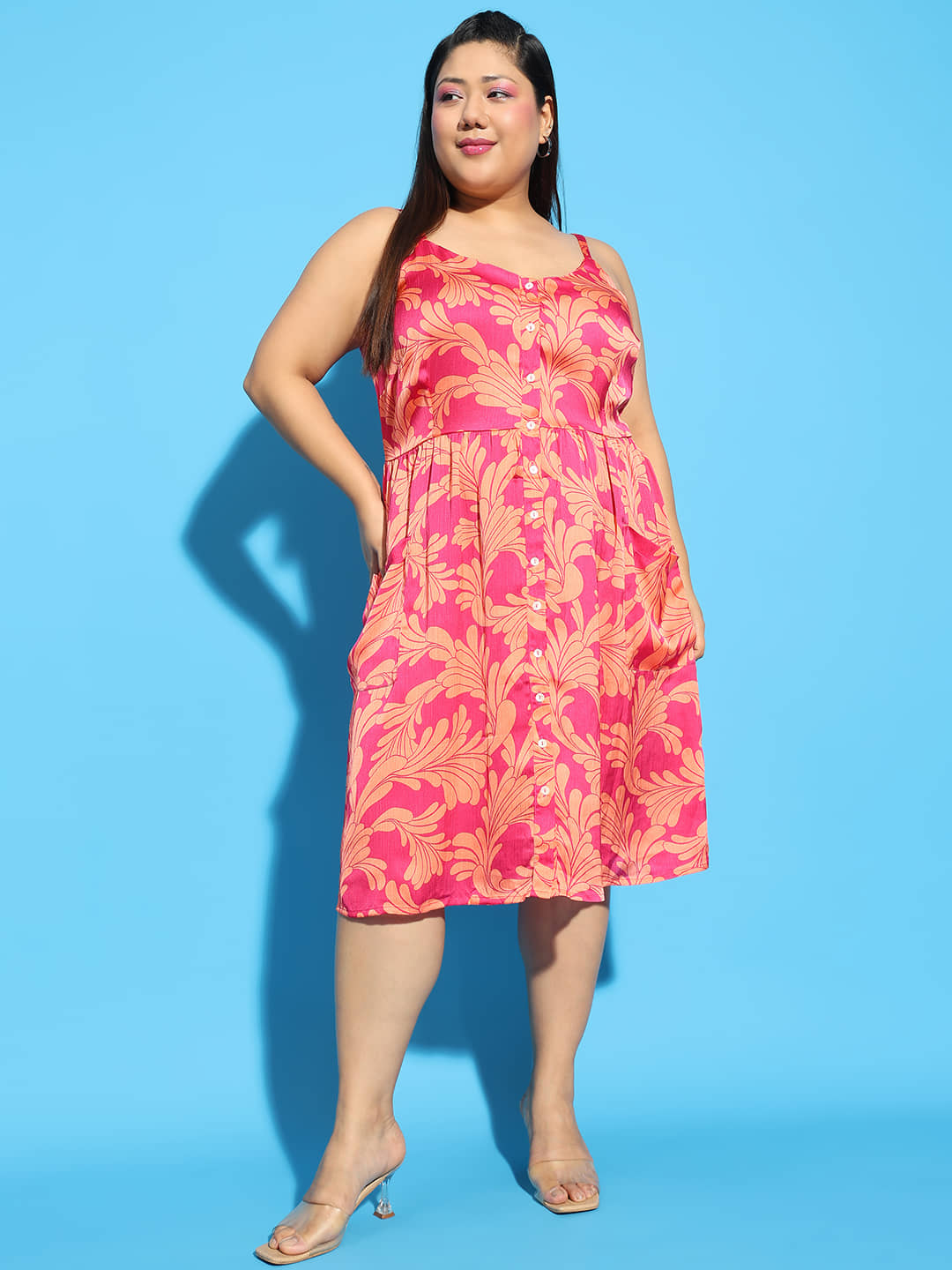 Oxolloxo Women Polyester Printed Fit & Flare Dress ( Pink )