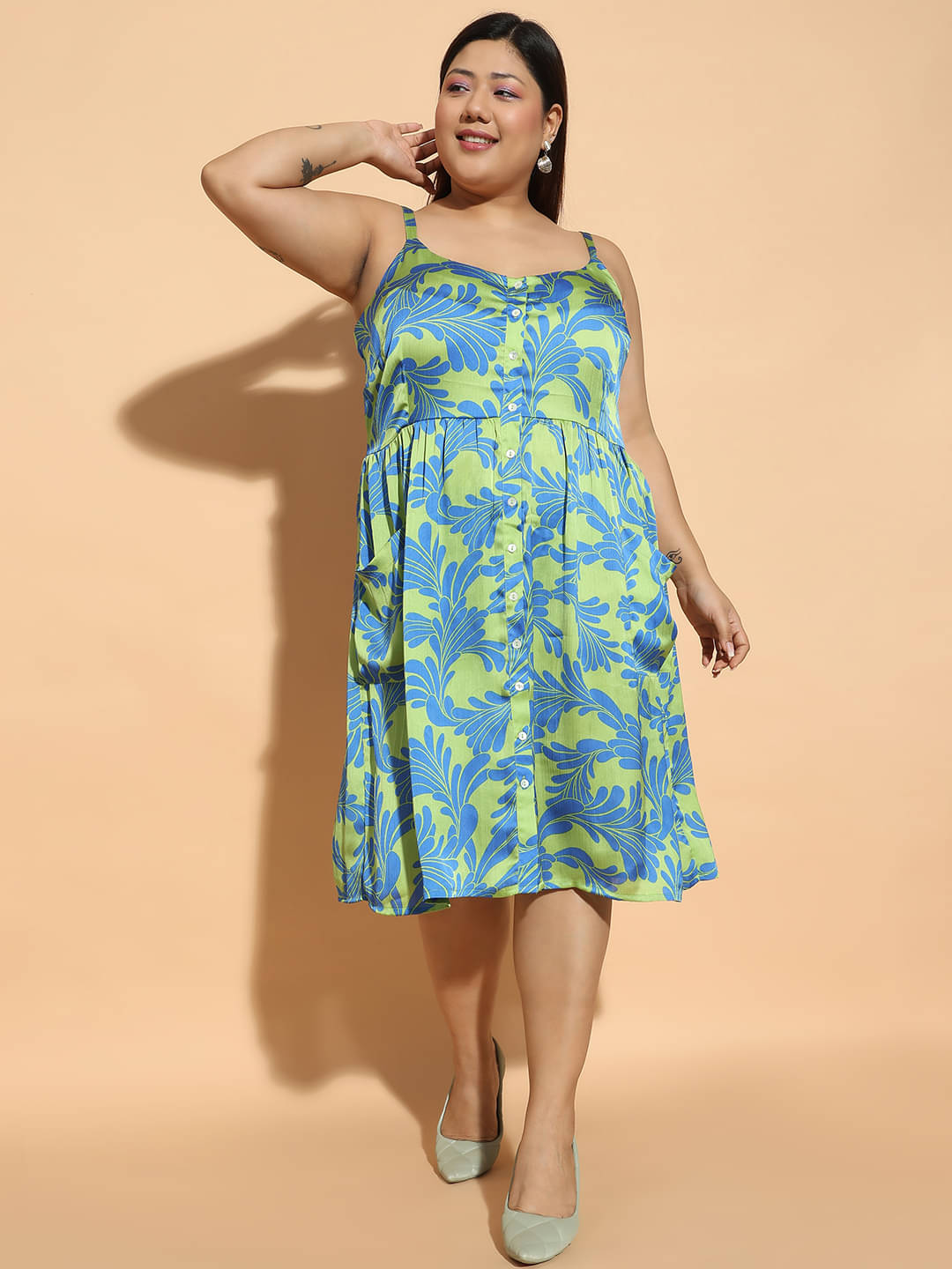     			Oxolloxo Women Polyester Printed Fit & Flare Dress ( Green )