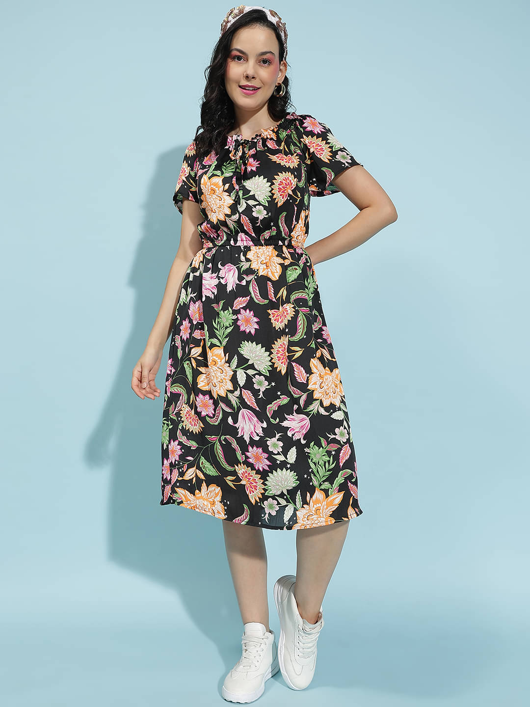     			Oxolloxo Women Polyester Printed Fit & Flare Dress ( Multicolor )