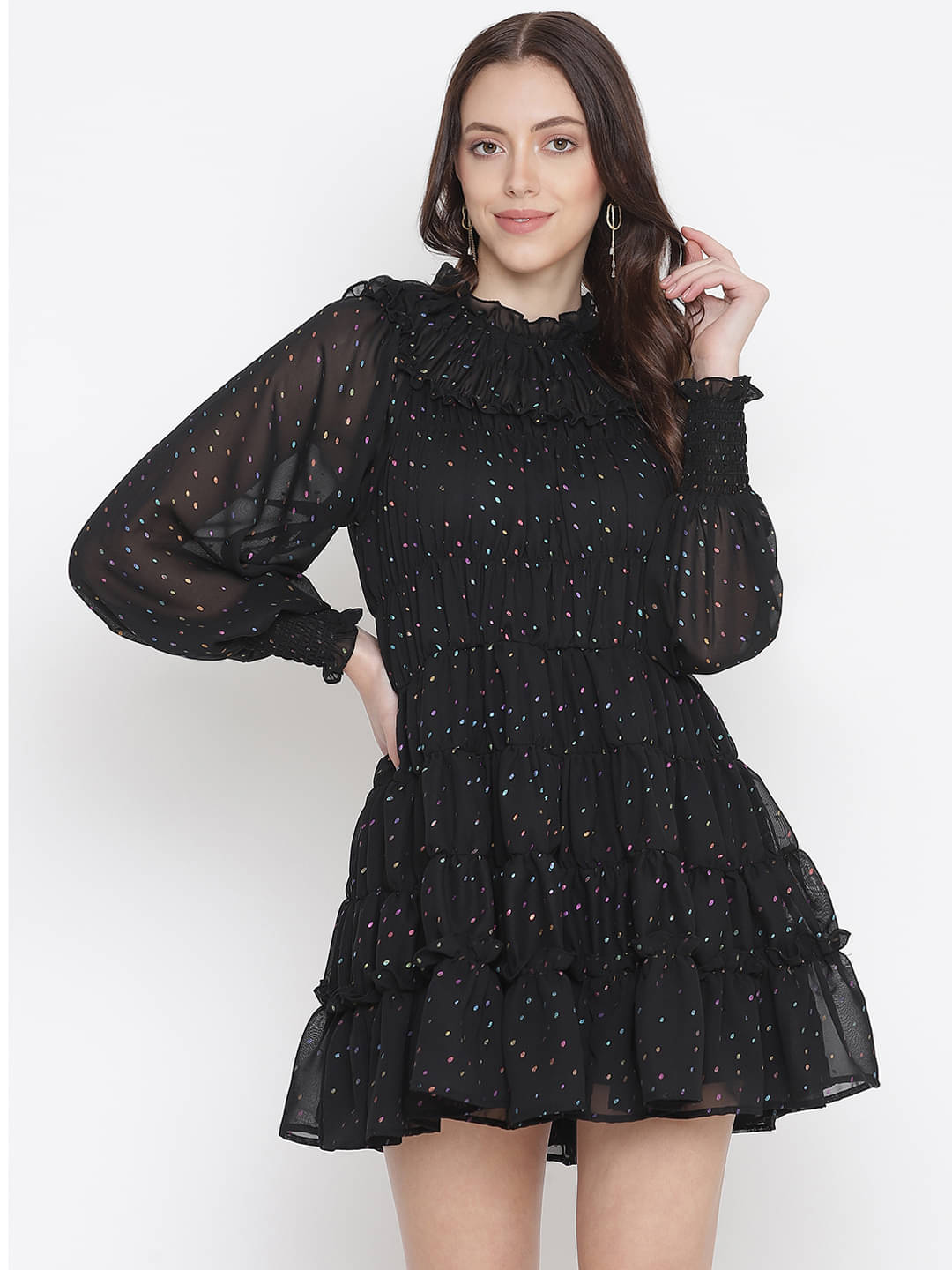 Oxolloxo Women Polyester Printed Fit & Flare Dress ( Black ) Oxolloxo Women Polyester Printed Fit & Flare Dress ( Black )