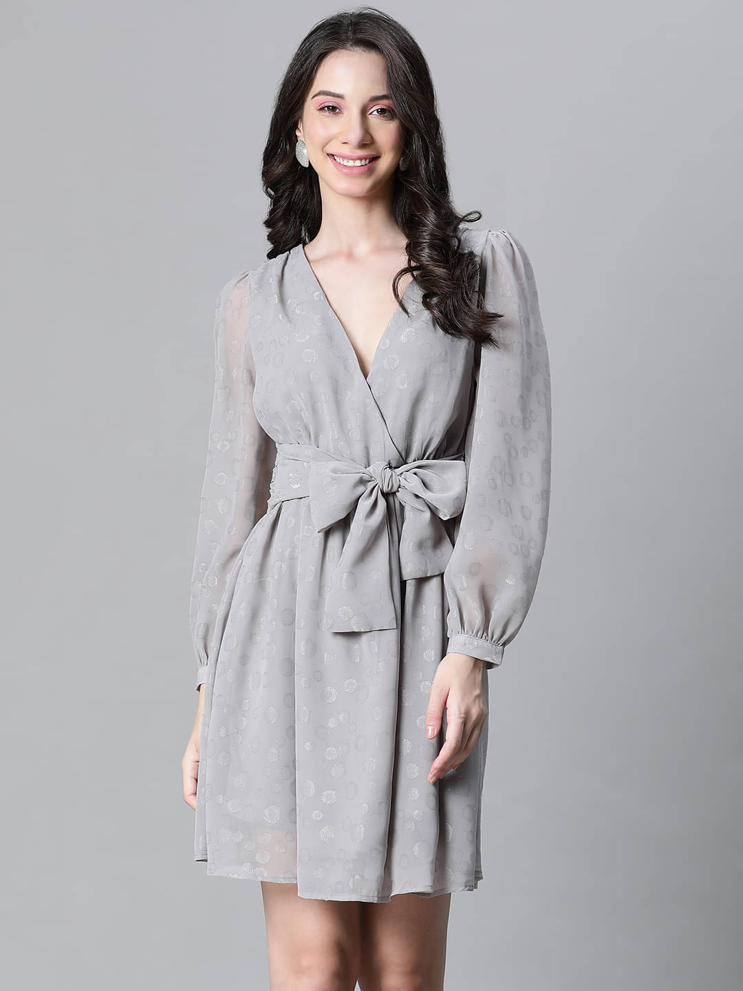 Oxolloxo Women Polyester Self Design A-line Dress ( Grey ) Oxolloxo Women Polyester Self Design A-line Dress ( Grey )