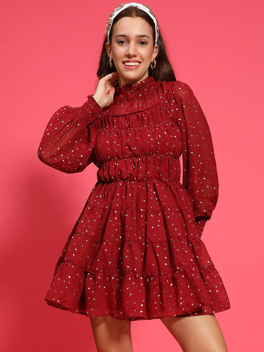 Oxolloxo Women Polyester Self Design Fit & Flare Dress ( Maroon ) Oxolloxo Women Polyester Self Design Fit & Flare Dress ( Maroon )