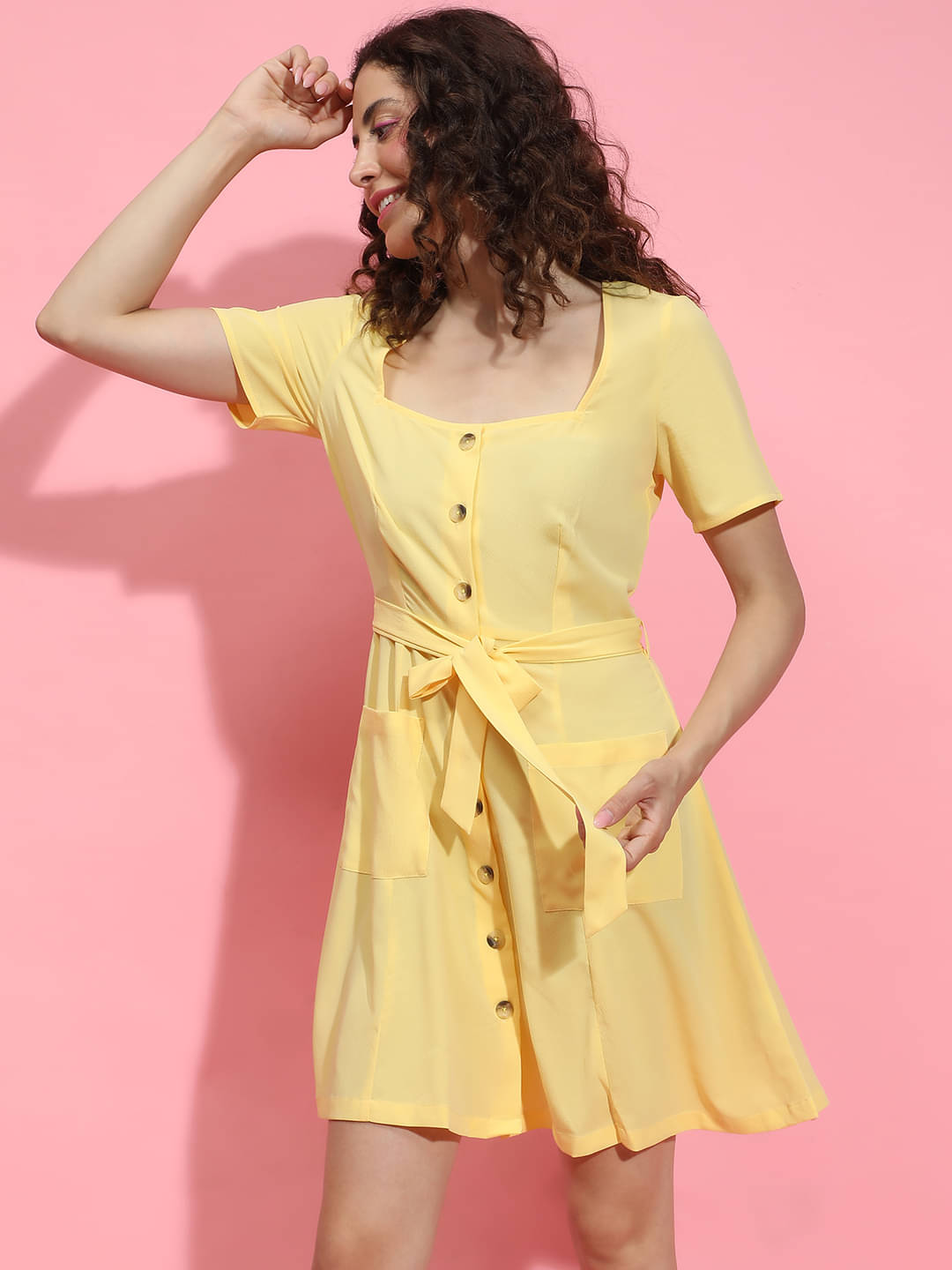 Oxolloxo Women Polyester Solid A-line Dress ( Yellow )     			Oxolloxo Women Polyester Solid A-line Dress ( Yellow )