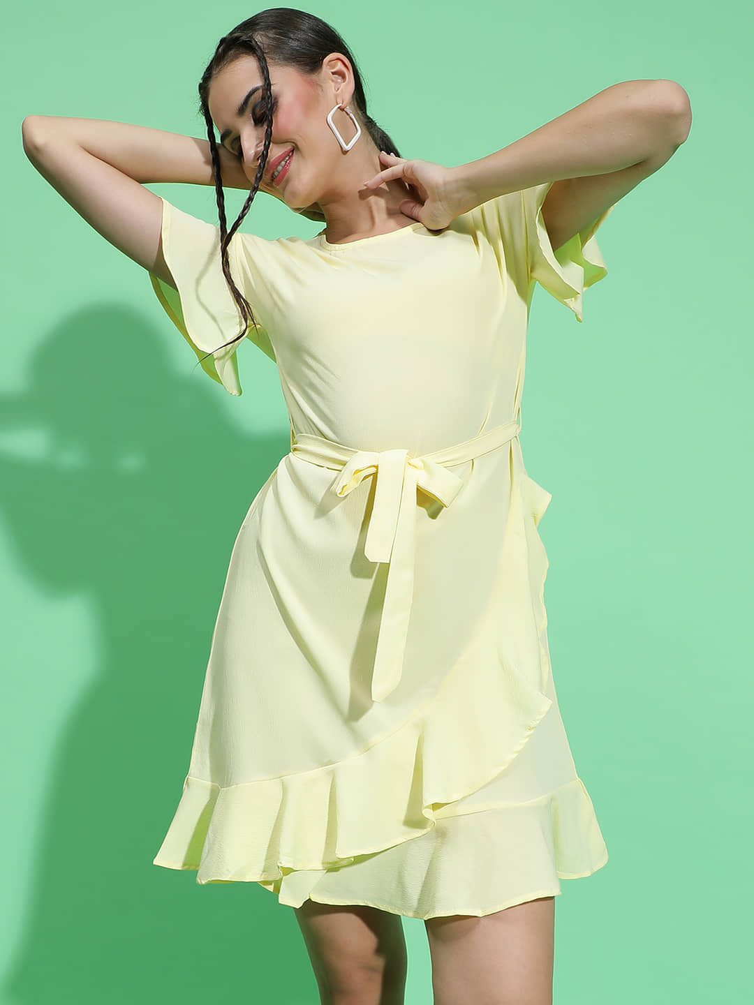 Oxolloxo Women Polyester Solid A-line Dress ( Yellow )