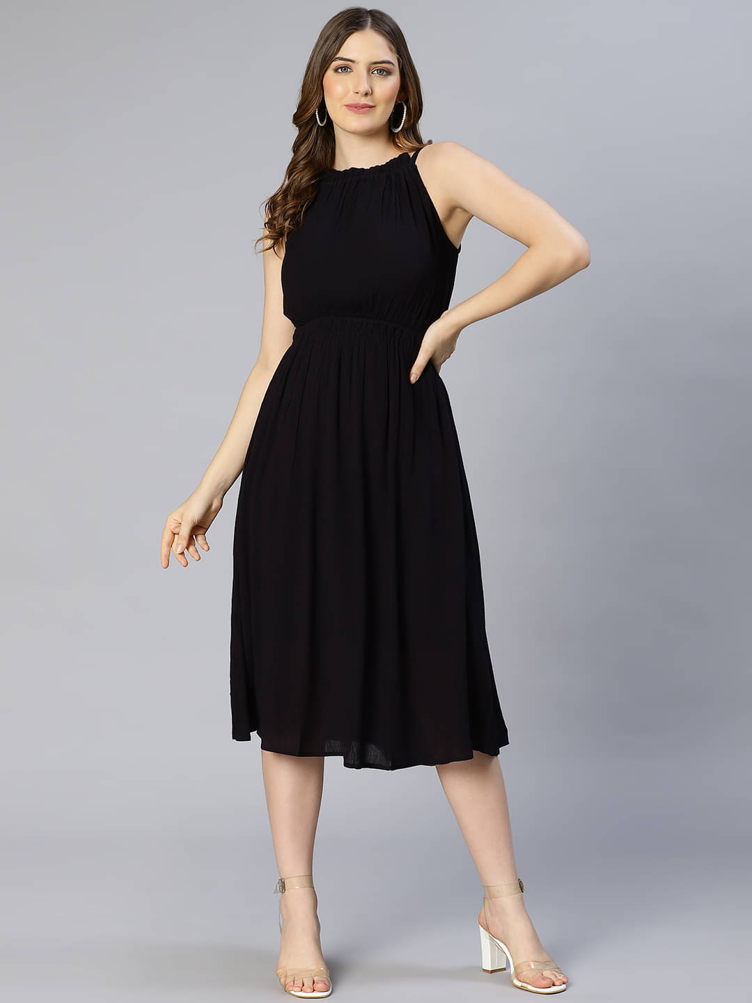     			Oxolloxo Women Polyester Solid A-line Dress ( Black )