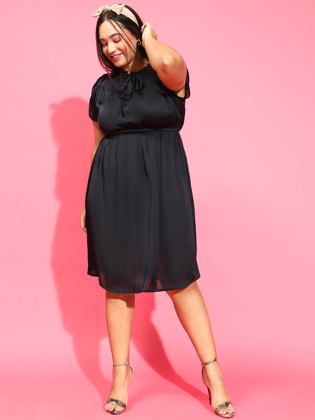 Oxolloxo Women Polyester Solid Fit & Flare Dress ( Black )