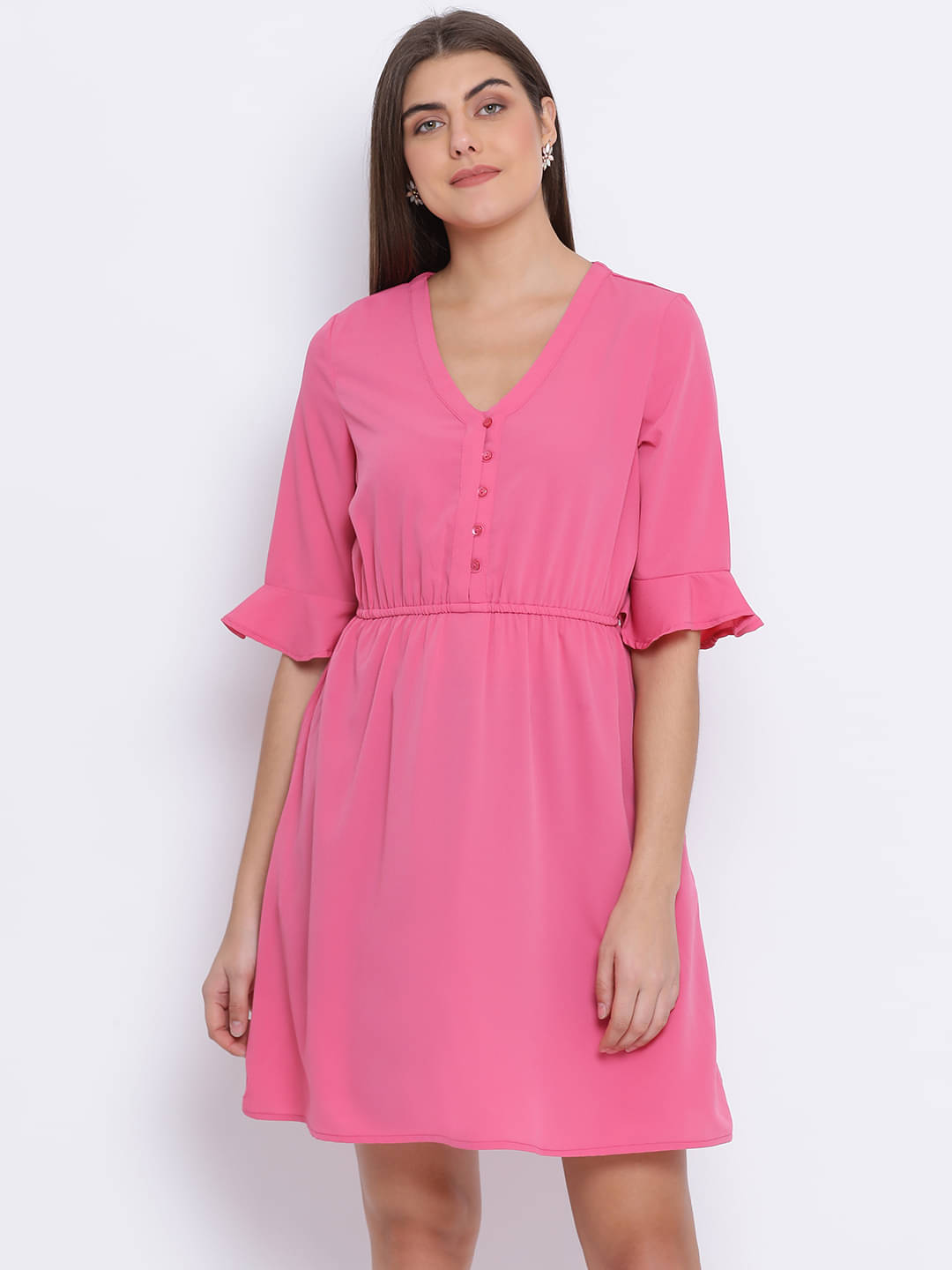 Oxolloxo Women Cotton Solid Fit & Flare Dress ( Pink ) Oxolloxo Women Cotton Solid Fit & Flare Dress ( Pink )
