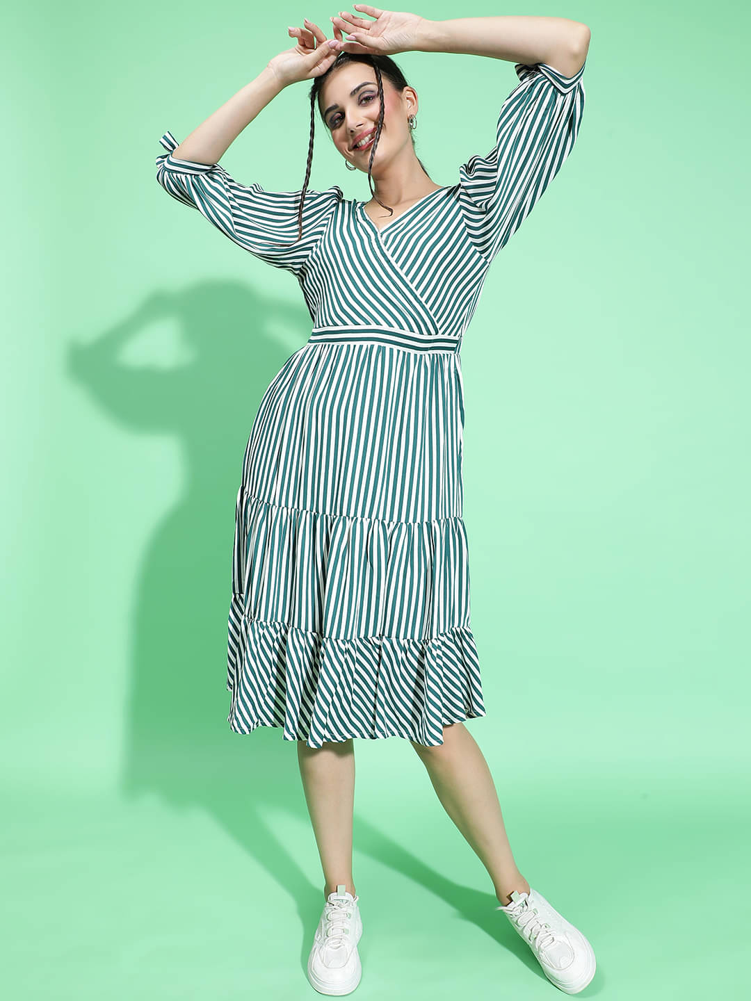 Oxolloxo Polyester Striped Above Knee Women's A-line Dress - Green ( Pack of 1 ) Oxolloxo Polyester Striped Above Knee Women's A-line Dress - Green ( Pack of 1 )