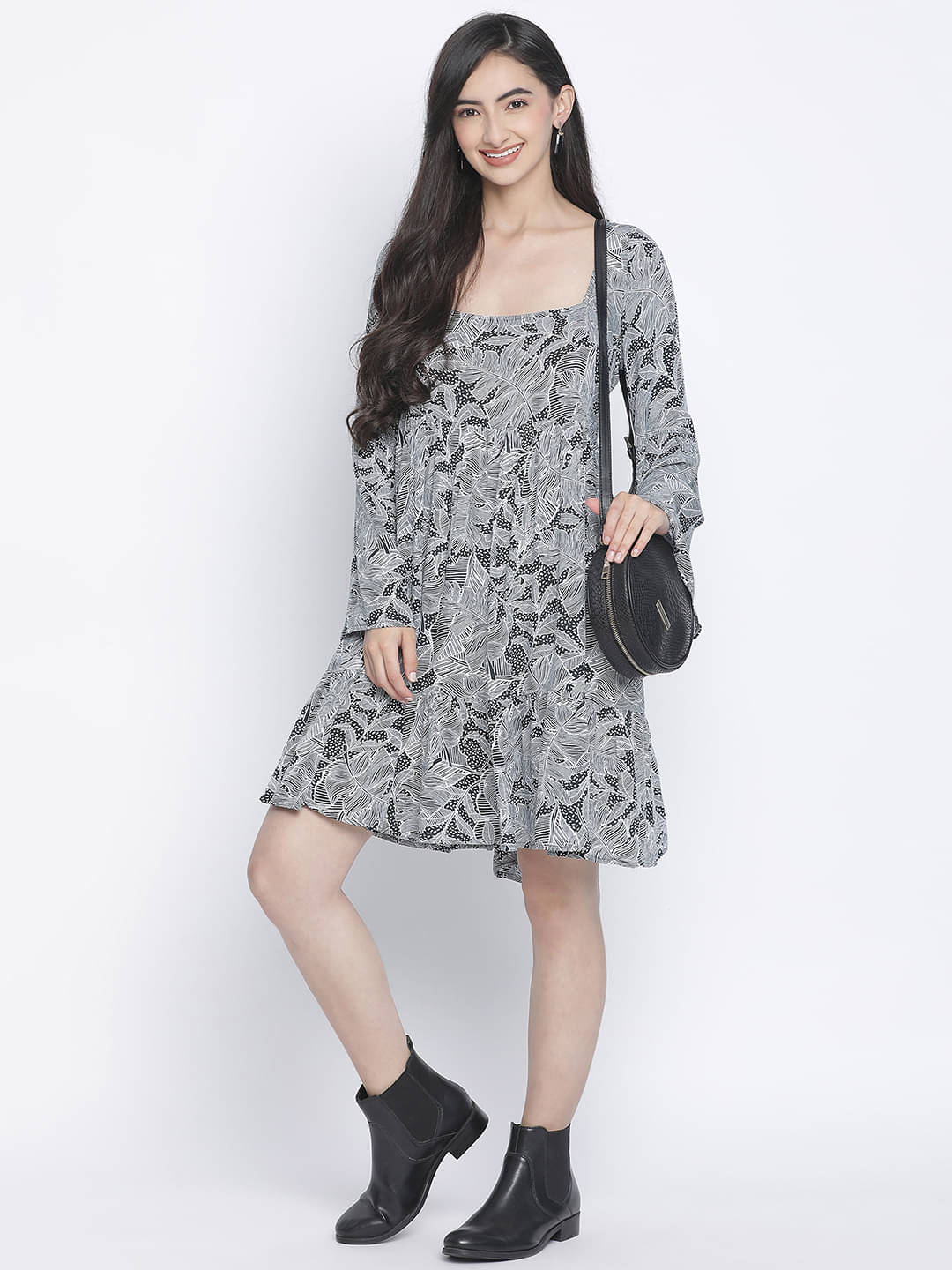 Oxolloxo Women Viscose Rayon Printed A-line Dress ( Grey ) Oxolloxo Women Viscose Rayon Printed A-line Dress ( Grey )