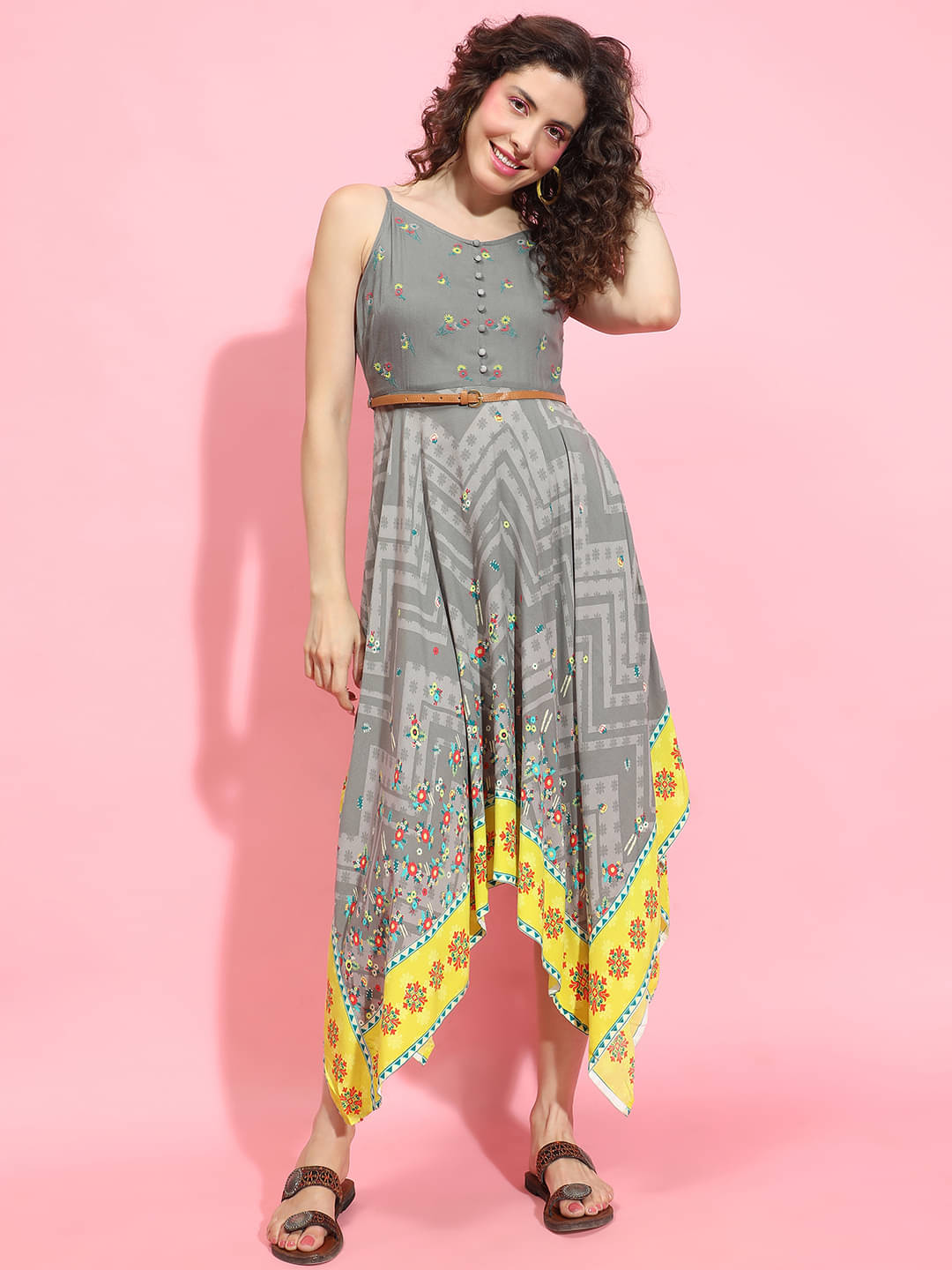 Oxolloxo Women Viscose Rayon Printed A-line Dress ( Grey ) Oxolloxo Women Viscose Rayon Printed A-line Dress ( Grey )