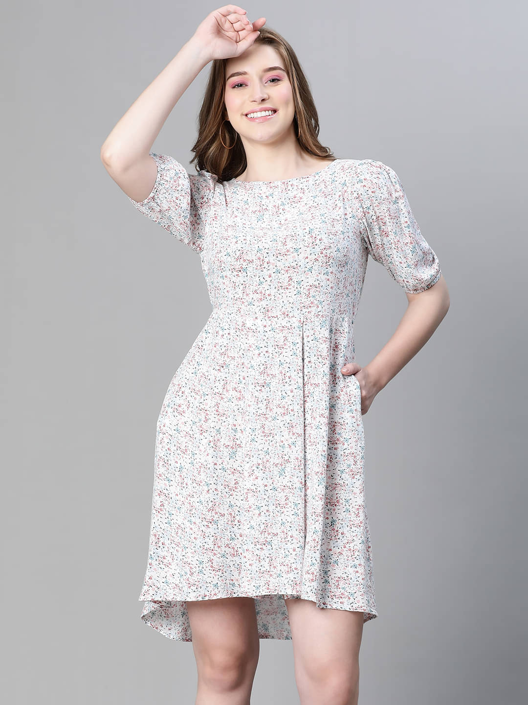     			Oxolloxo Women Viscose Rayon Printed A-line Dress ( Off White )