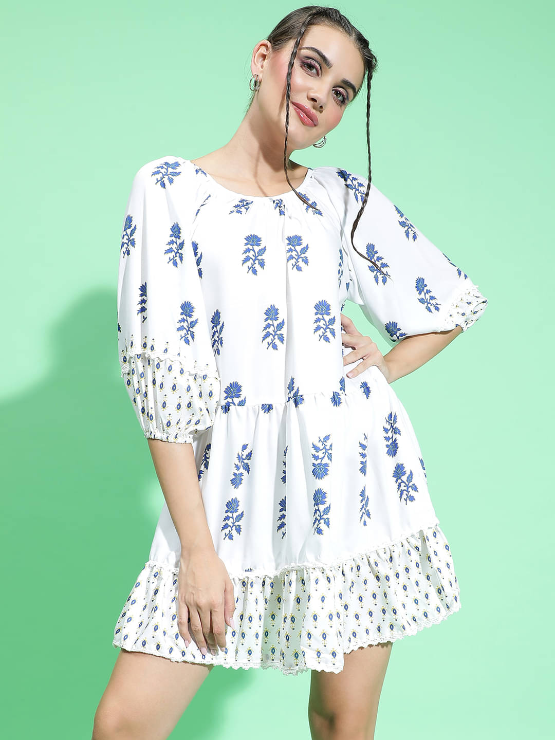     			Oxolloxo Women Viscose Rayon Printed A-line Dress ( White )