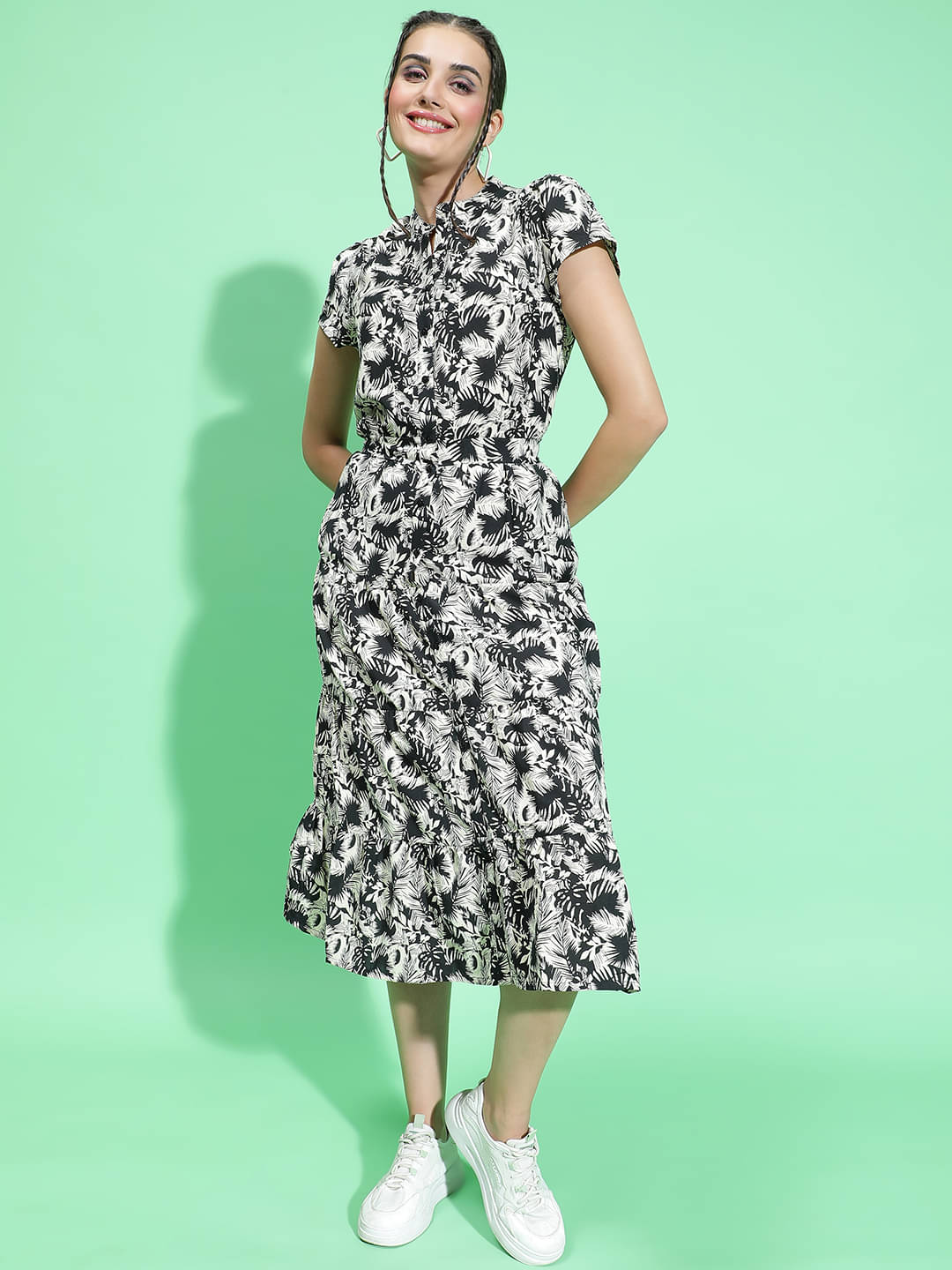     			Oxolloxo Women Viscose Rayon Printed A-line Dress ( Black )