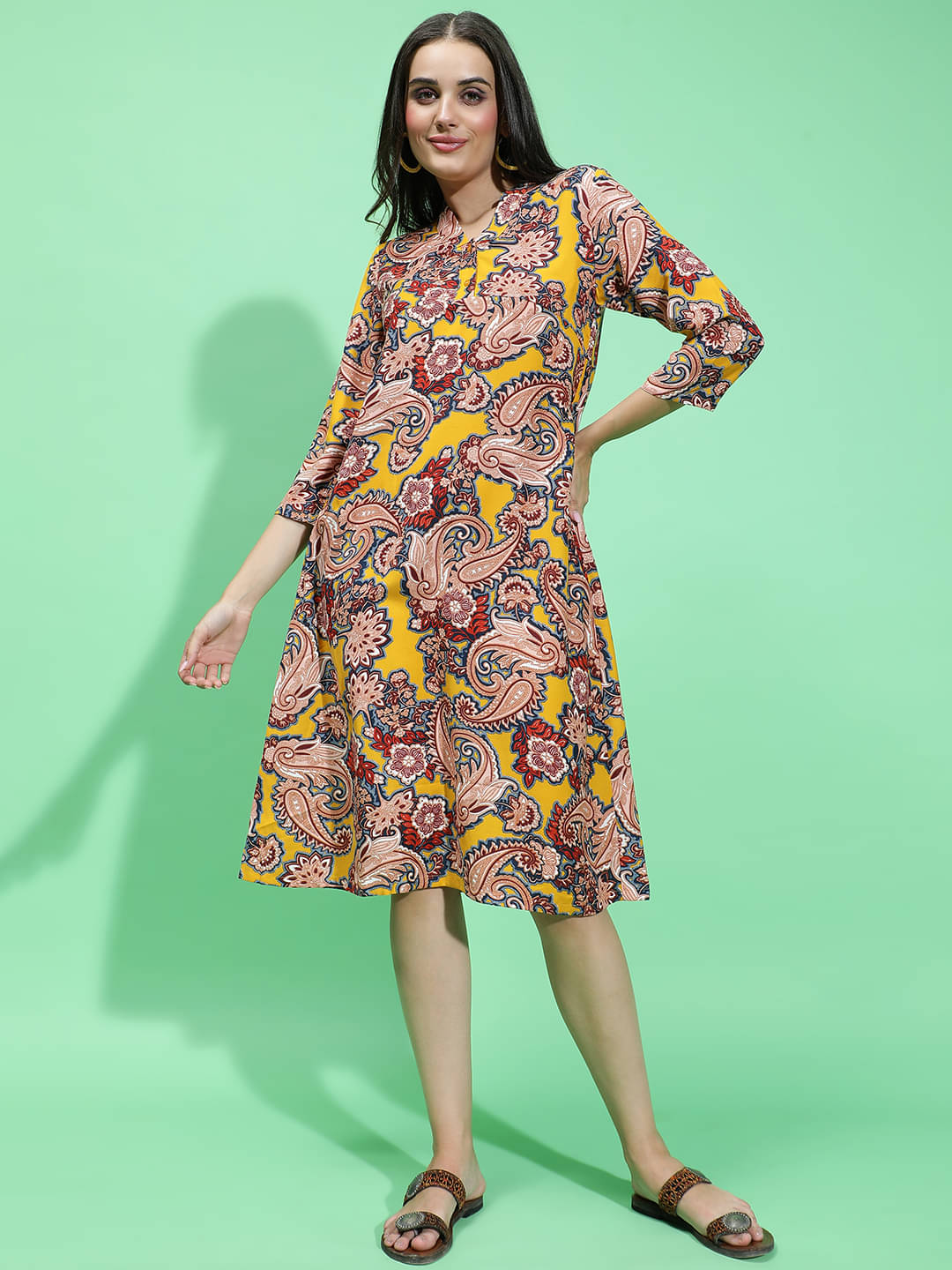    			Oxolloxo Women Viscose Rayon Printed A-line Dress ( Multicolor )