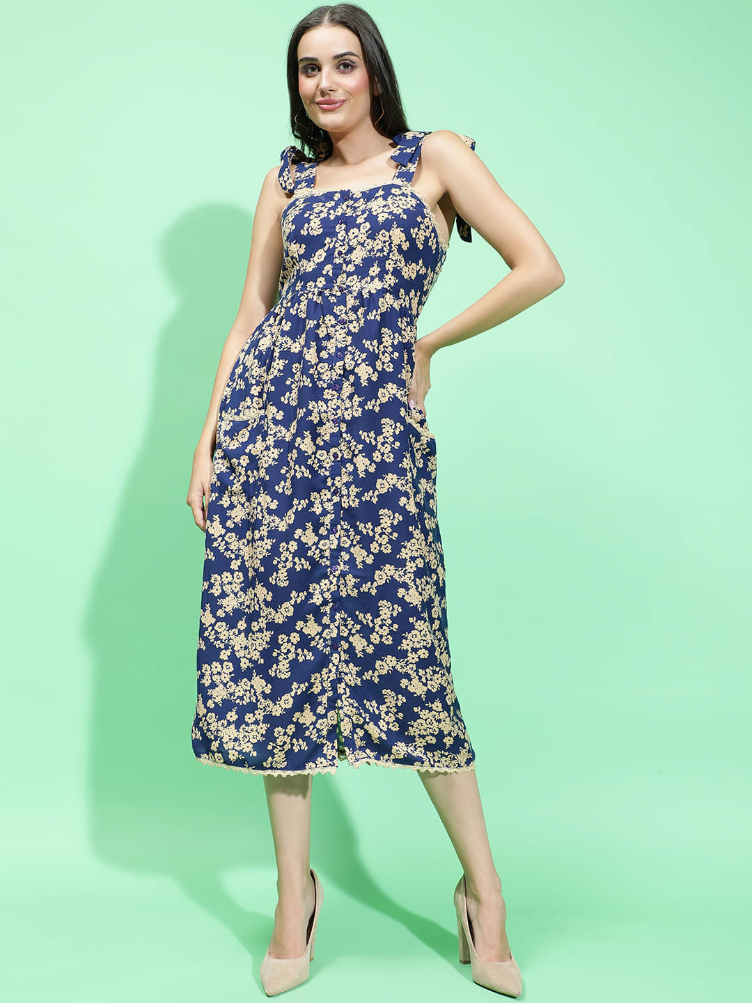 Oxolloxo Women Viscose Rayon Printed A-line Dress ( Blue ) Oxolloxo Women Viscose Rayon Printed A-line Dress ( Blue )