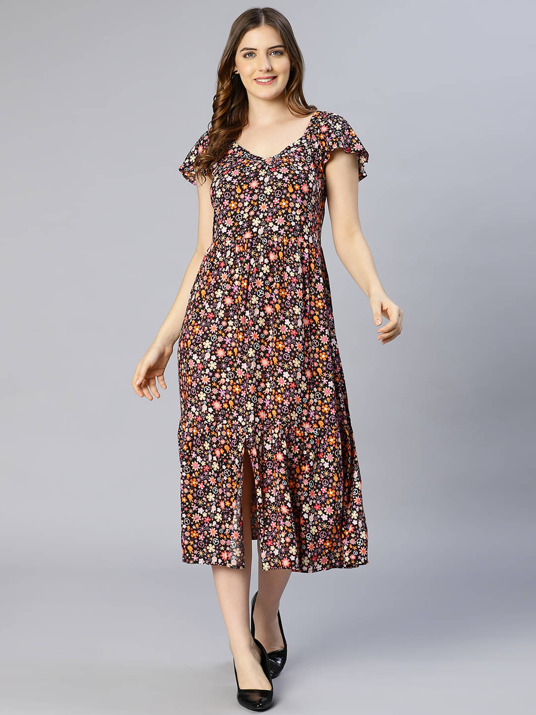     			Oxolloxo Women Polyester Printed A-line Dress ( Black )