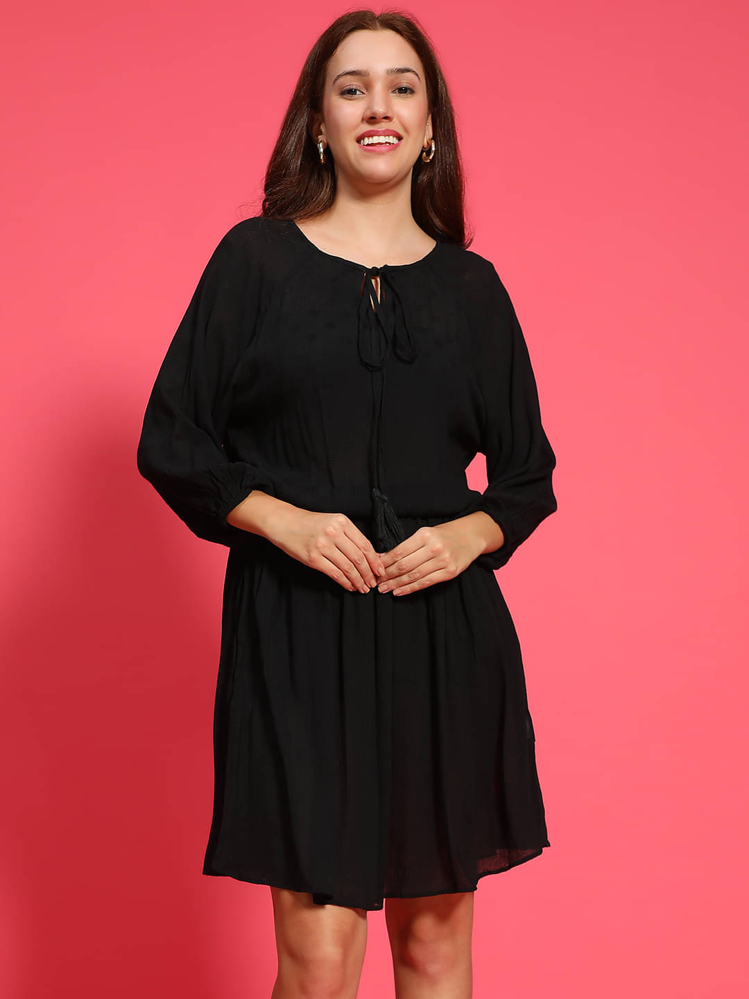    			Oxolloxo Women Viscose Rayon Self Design Fit & Flare Dress ( Black )