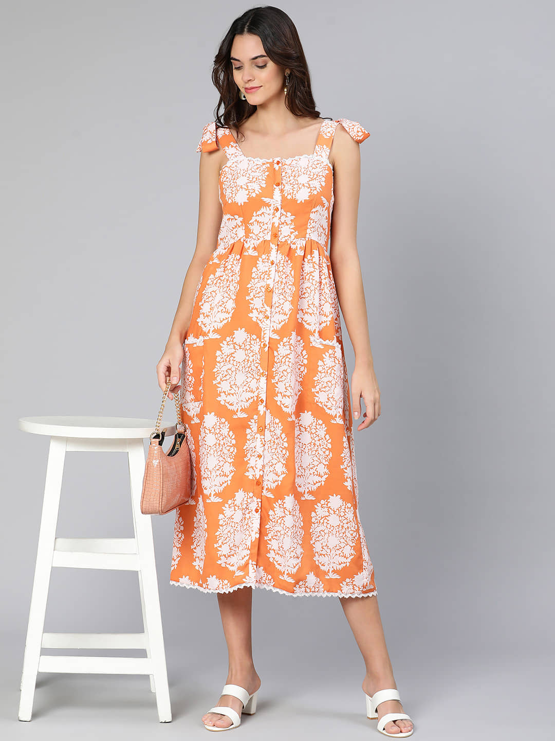 Oxolloxo Viscose Rayon Printed Knee Length Women's A-line Dress - Orange ( Pack of 1 )