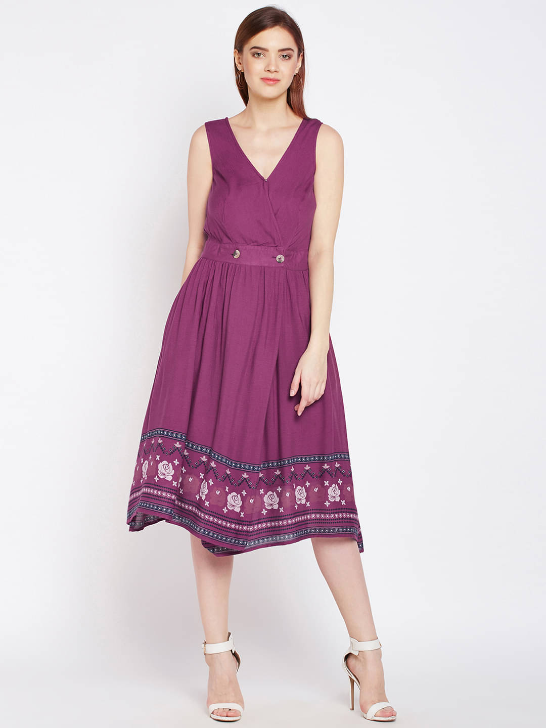 Oxolloxo Women Viscose Rayon Printed A-line Dress ( Purple ) Oxolloxo Women Viscose Rayon Printed A-line Dress ( Purple )