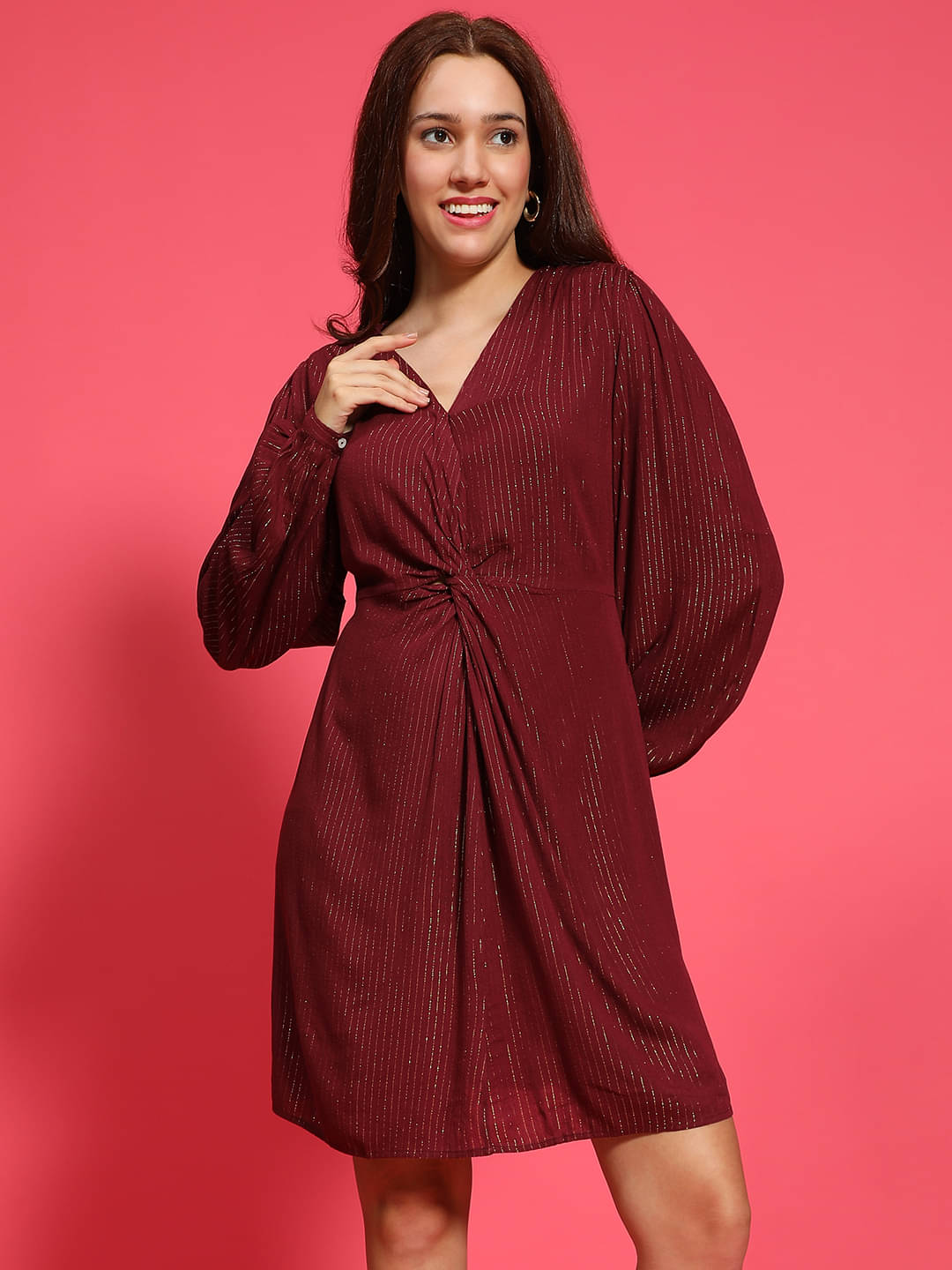     			Oxolloxo Women Viscose Rayon Self Design Fit & Flare Dress ( Maroon )