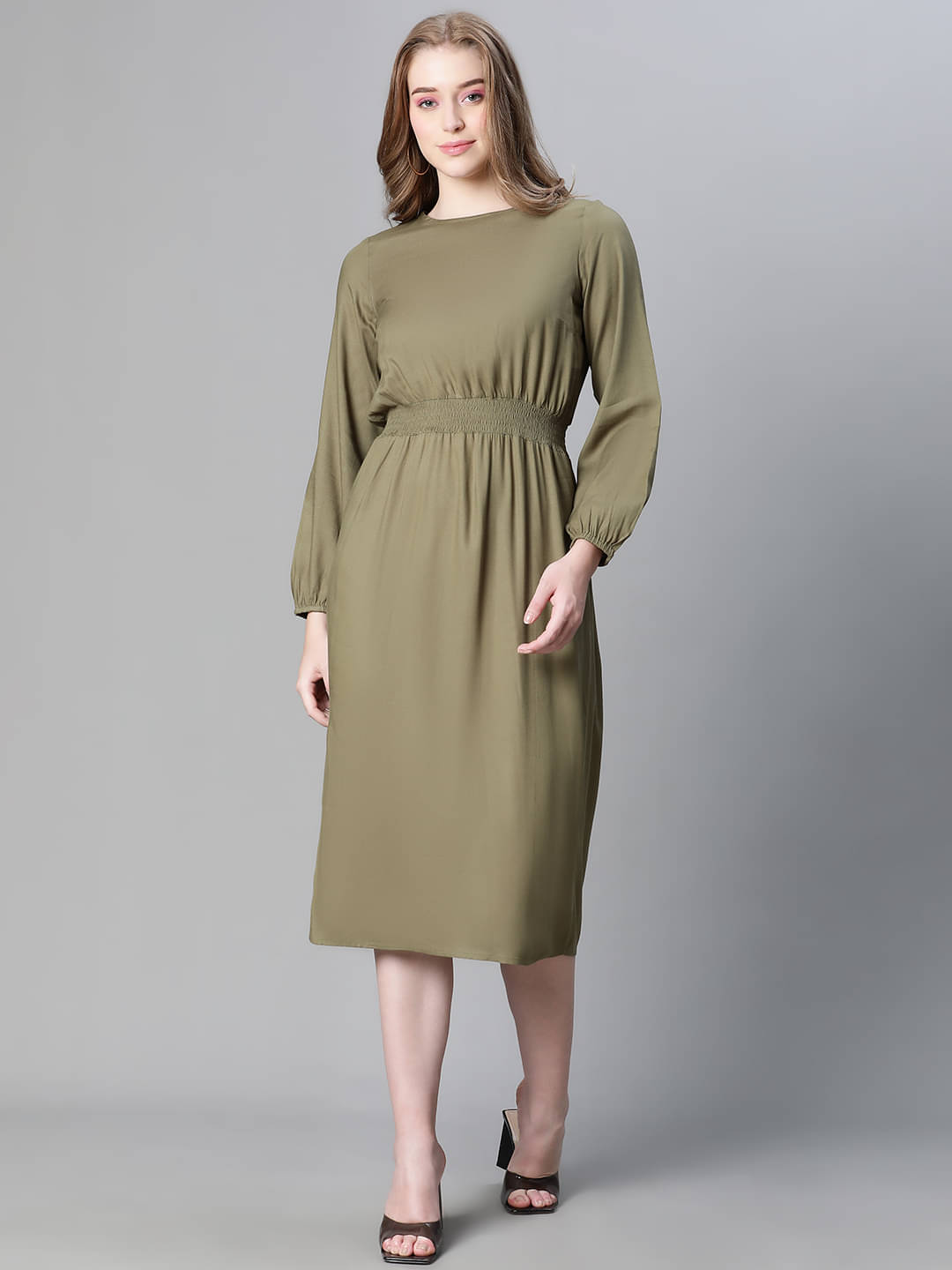 Oxolloxo Women Viscose Rayon Solid A-line Dress ( Khaki ) Oxolloxo Women Viscose Rayon Solid A-line Dress ( Khaki )