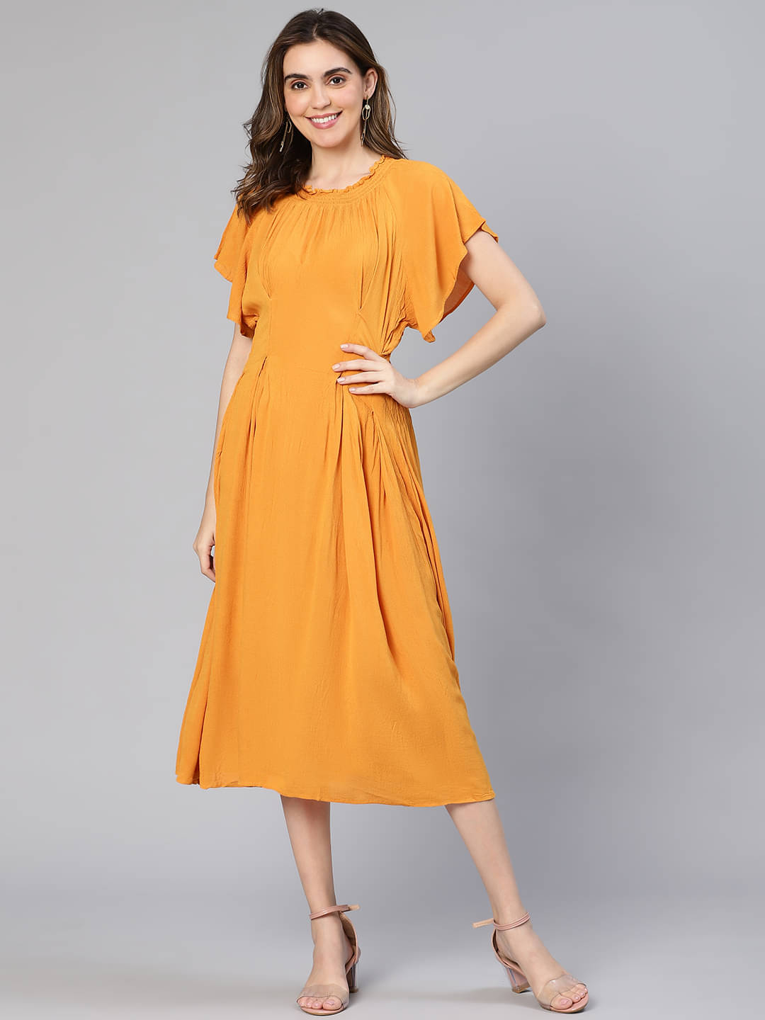     			Oxolloxo Women Viscose Rayon Solid Fit & Flare Dress ( Mustard )