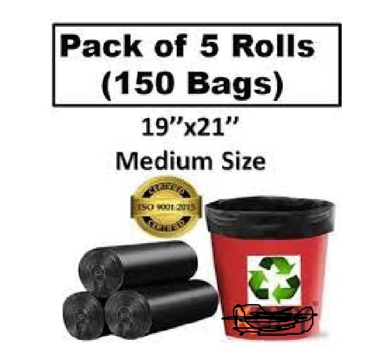     			Premium Disposable Garbage Bags | Medium size 19 x 21 inches, 30 Bags per Roll, 150 Count | Black Color | Dustbin covers for Wet and Dry Waste (Pack of 5)