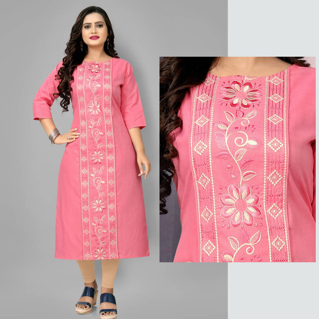 RIAANA Pack of 1 Cotton Blend Embroidered A-line Women's Kurti - ( Pink )     			RIAANA Pack of 1 Cotton Blend Embroidered A-line Women's Kurti - ( Pink )