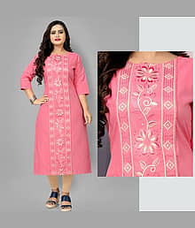 RIAANA Pack of 1 Cotton Blend Embroidered A-line Women's Kurti - ( Pink )