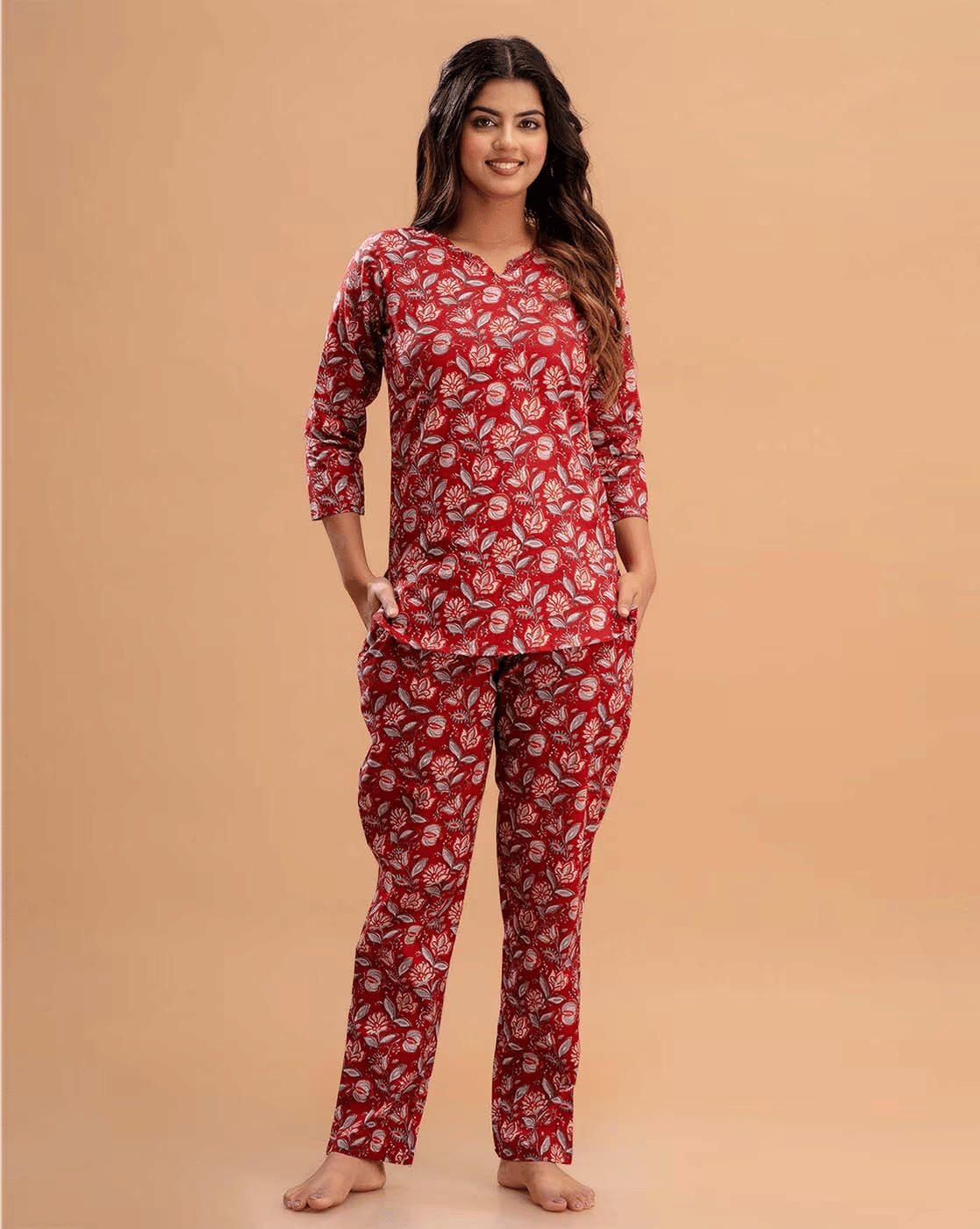     			Rangun Women Printed Tunic With Trousers Co-Ord Set ( Red )