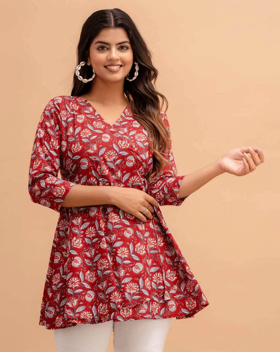     			Rangun Women's Rayon Peplum Top ( Red )