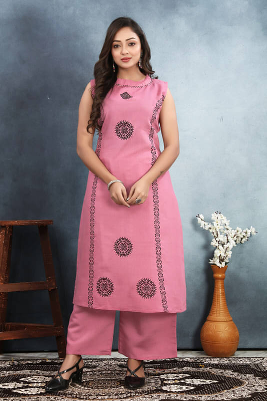     			Sanjana Silks Silk Printed Kurti With Palazzo Women's Stitched Salwar Suit - Pink ( Pack of 1 )