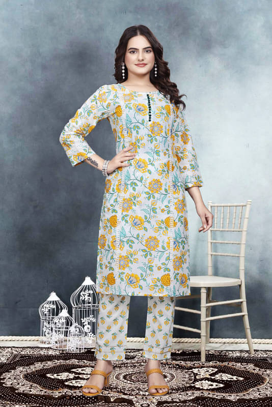 Sanwariya Silks Cotton Blend Printed Kurti With Pants Women's Stitched Salwar Suit - White ( Pack of 1 ) Sanwariya Silks Cotton Blend Printed Kurti With Pants Women's Stitched Salwar Suit - White ( Pack of 1 )