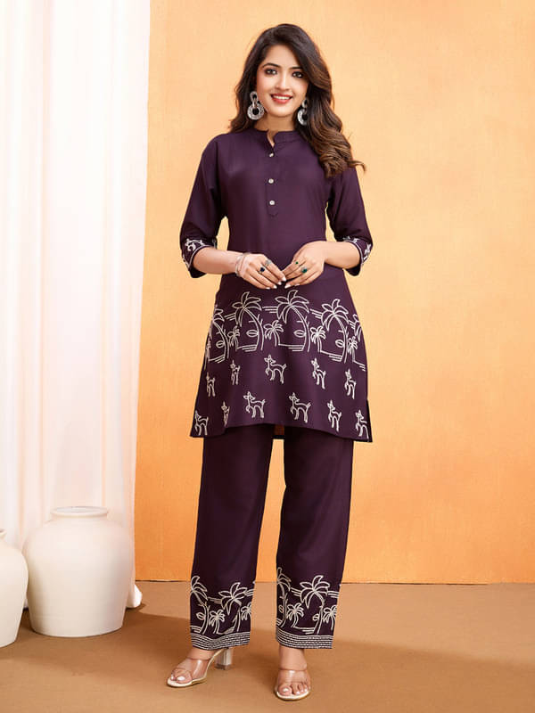 Sanwariya Silks Rayon Printed Kurti With Pants Women's Stitched Salwar Suit - Wine ( Pack of 1 ) Sanwariya Silks Rayon Printed Kurti With Pants Women's Stitched Salwar Suit - Wine ( Pack of 1 )