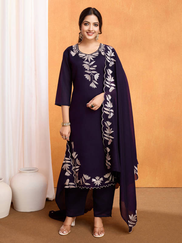     			Sanwariya Silks Silk Blend Embroidered Kurti With Pants Women's Stitched Salwar Suit - Purple ( Pack of 1 )