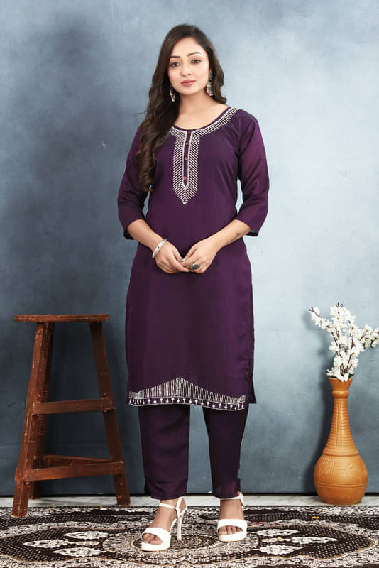 Sanwariya Silks Silk Blend Printed Kurti With Pants Women's Stitched Salwar Suit - Wine ( Pack of 1 ) Sanwariya Silks Silk Blend Printed Kurti With Pants Women's Stitched Salwar Suit - Wine ( Pack of 1 )