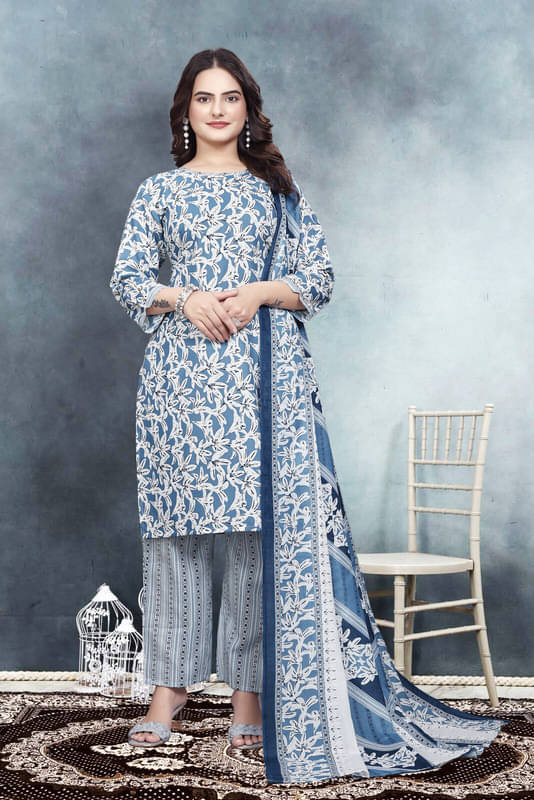 Sitanjali Lifestyle Cotton Blend Printed Kurti With Pants Women's Stitched Salwar Suit - Blue ( Pack of 1 ) Sitanjali Lifestyle Cotton Blend Printed Kurti With Pants Women's Stitched Salwar Suit - Blue ( Pack of 1 )