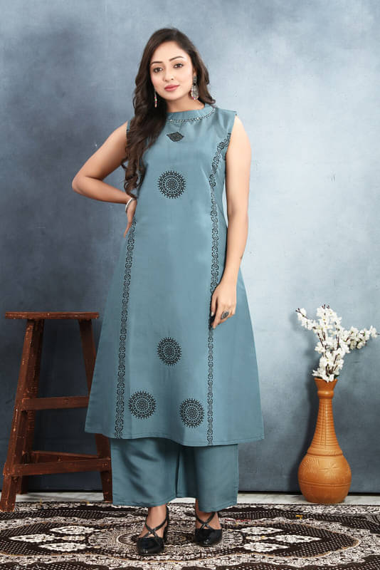    			Sitanjali Silk Printed Kurti With Pants Women's Stitched Salwar Suit - Grey ( Pack of 1 )